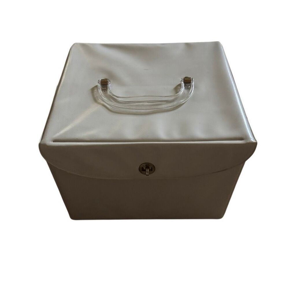 VTG 1960s 45 RPM Vinyl Record Carrying Case - Off-White Vinyl & Lucite Handle